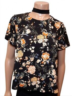 Atmosphere Floral Short Sleeve Crepe Choker Top Womens Size 2 Black Whimsigoth